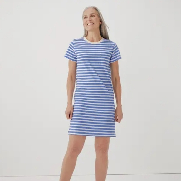 Pact Organic Softspun Tee Dress in Bold Stripes Medium Blue White Chest Pocket - Picture 1 of 5